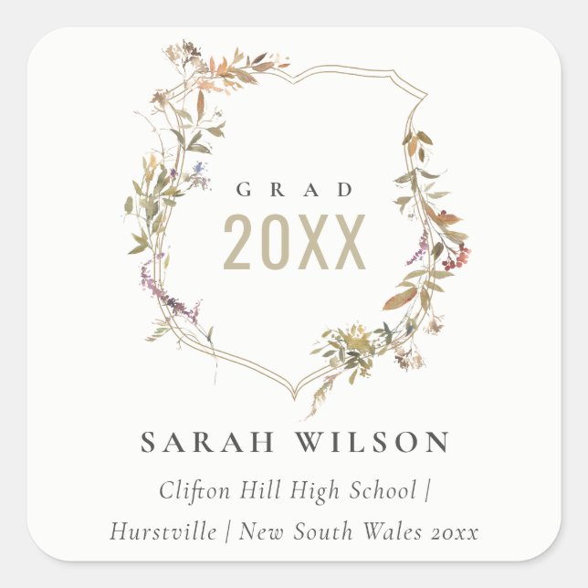 Adesivo Quadrado Graduação Chic Dusky Pink Blush Wildflower Crest (Frente)
