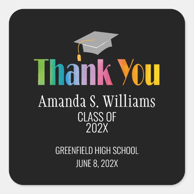 Adesivo Quadrado Graduação de bonés Obrigado (Frente)