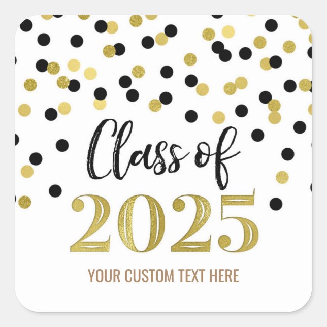 Adesivo Quadrado Graduação de Confetti Dourada Preta 2025 (Frente)