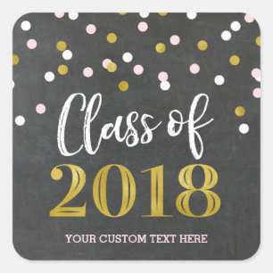 Adesivo Quadrado Graduação de Confetti Dourada Rosa Chalkboard 2018