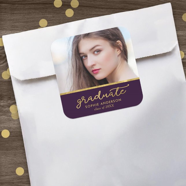 Adesivo Quadrado Graduação de Formando de Foto Roxo e Dourada (Criador carregado)