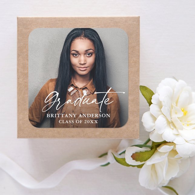 Adesivo Quadrado Graduação de Fotografias com Script de Tinta Moder (Customize to change your personalized text size or text style.)