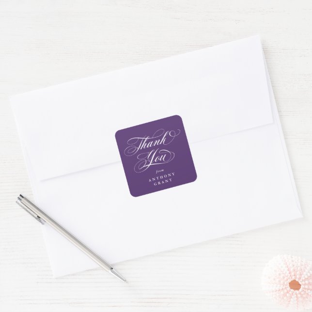Adesivo Quadrado Graduação de Script Elegante Roxo Obrigado (Envelope)