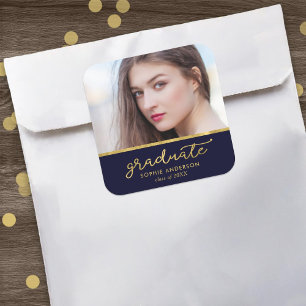 Adesivo Quadrado Graduação do Formando de Fotos Azul e Dourado