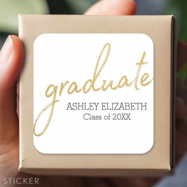 Adesivo Quadrado Graduação do script do Formando Dourado Black Mode (Custom Sticker - Personalize with your info for a party favor or gift)