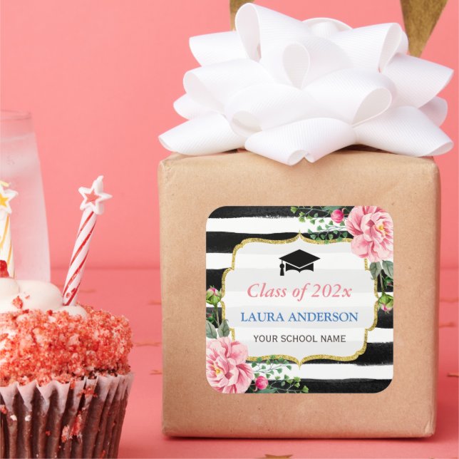 Adesivo Quadrado Graduação - Floral Black White Stripe (Festa)