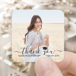 Adesivo Quadrado Graduação Foto e Script Preto Elegante Obrigado