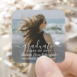 Adesivo Quadrado Graduação Foto & Elegante White Script Classe Ano