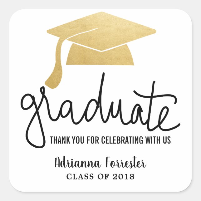 Adesivo Quadrado Graduação Hat Faux Gold Foil Obrigado (Frente)