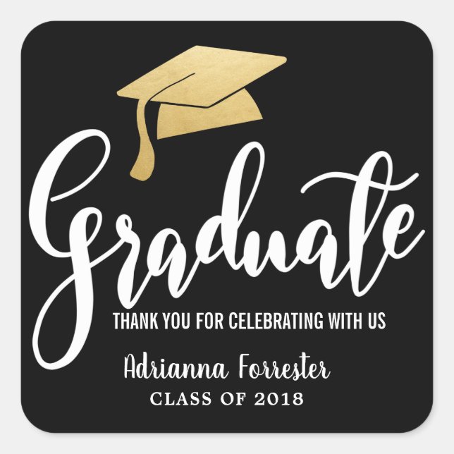Adesivo Quadrado Graduação Hat Faux Gold Foil Obrigado | Preto (Frente)