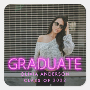 Adesivo Quadrado Graduação, neon, foto rosa, de felicitações mo