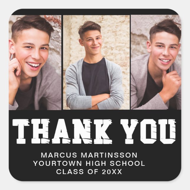 Adesivo Quadrado Graduação Preta 3 Foto Obrigado (Frente)