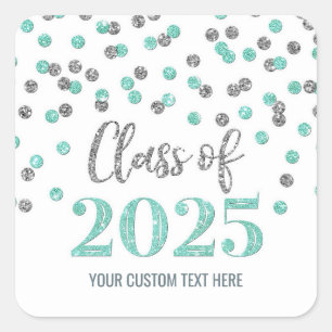 Adesivo Quadrado Graduação Turquoise Silver Confetti 2025