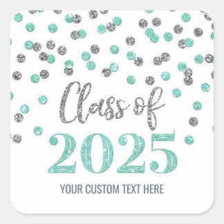 Adesivo Quadrado Graduação Turquoise Silver Confetti 2025