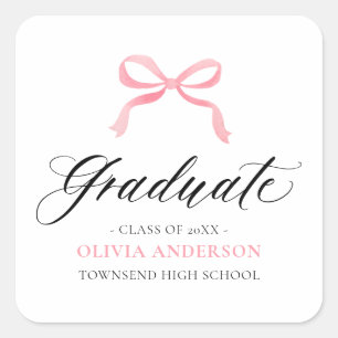 Adesivo Quadrado Graduada Coquete com Laço Rosa Moderno Graduação