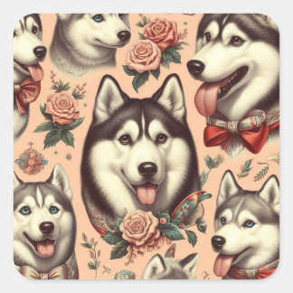 Adesivo Quadrado Gráfico de Cute Vintage Siberian Husky