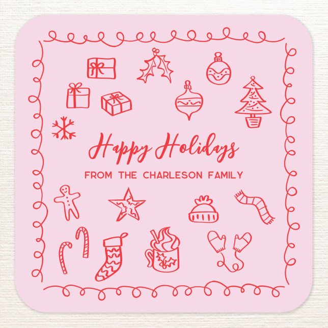 Adesivo Quadrado Gráfico de Dótulo Rosa e Vermelho da ilustração de (Personalized pink and red hand drawn scribble doodle Christmas holiday sticker)
