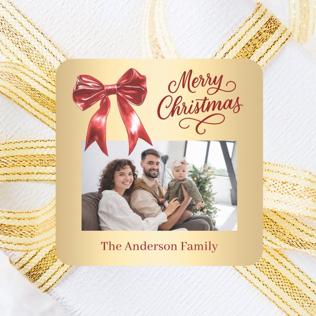 Adesivo Quadrado Gráfico de fotos do arco de ouro vermelho Natal (Criador carregado)