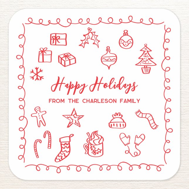 Adesivo Quadrado Gráfico de Portas Vermelhas e Brancas de Ilustraçã (Personalized red and white hand drawn scribble doodle Christmas holiday sticker)