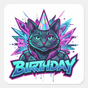 Adesivo Quadrado Gráficos de Festa de Aniversário de Gato Cyberpunk