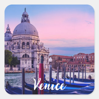 Adesivo Quadrado Grande Canal com gondolas e igreja em Veneza