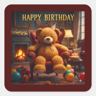 ADESIVO QUADRADO GRANDE URSO DE PELÚCIA FELIZ ANIVERSÁRIO