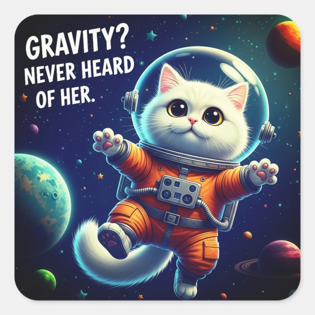 Adesivo Quadrado Gravity? Never Heard of Her. Cute Space Cat (Frente)