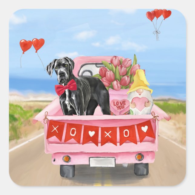 Adesivo Quadrado Great Dane Dog Valentine's Day Truck (Frente)