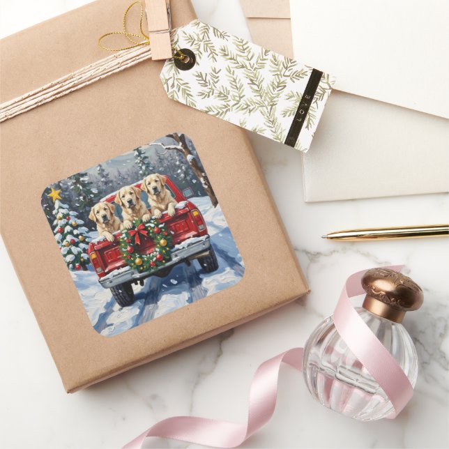 Adesivo Quadrado Great Pyrenees Christmas Red Truck Holiday (Presentear)
