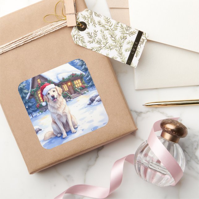 Adesivo Quadrado Great Pyrenees Snowy Mountain Lodge Santa Hat (Presentear)