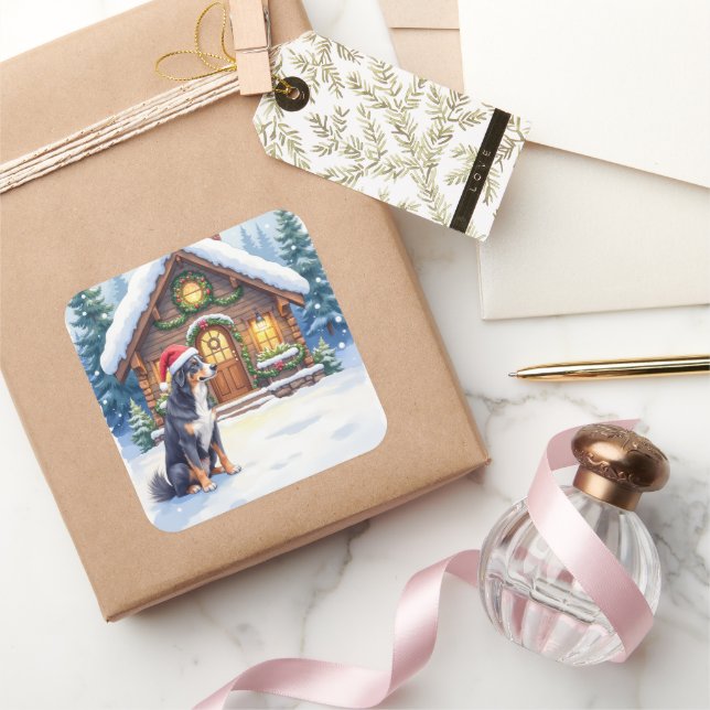 Adesivo Quadrado Greater Swiss Mountain Dog Snowy Cabin Santa Hat (Presentear)