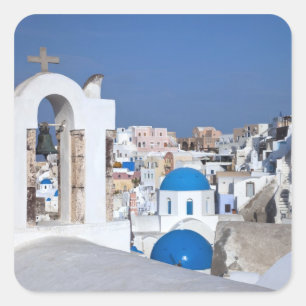 Adesivo Quadrado Grécia, Santorini. Torre de celular e domos azuis