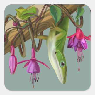 Adesivo Quadrado Green anole with Fuchsias 