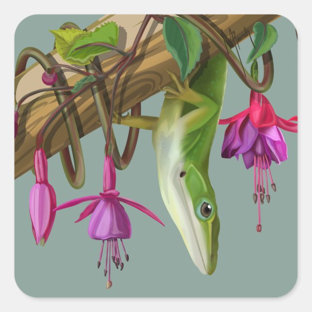 Adesivo Quadrado Green anole with Fuchsias  (Frente)