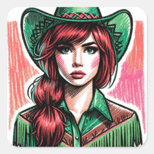 Adesivo Quadrado Green Artsy Lucky Cowgirl