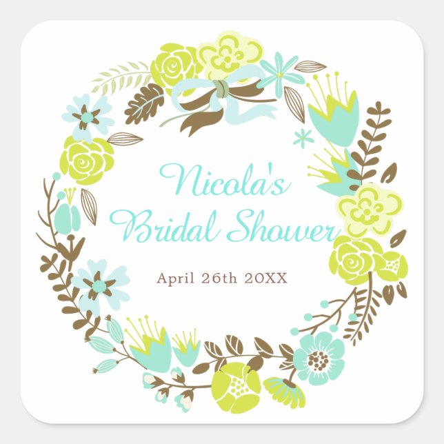 Adesivo Quadrado Green & Brown Floral Wreath Bridal Shower (Frente)