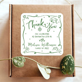 Adesivo Quadrado Green Hand Drawn Doodle Graduation Thank You White