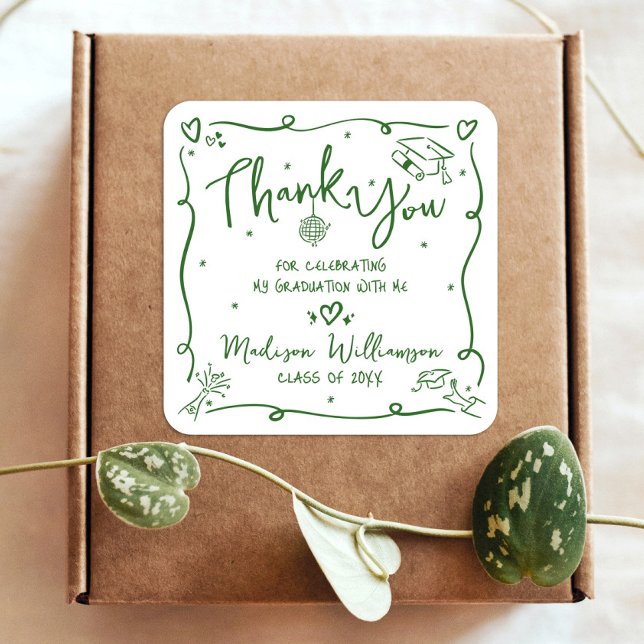 Adesivo Quadrado Green Hand Drawn Doodle Graduation Thank You White (Criador carregado)