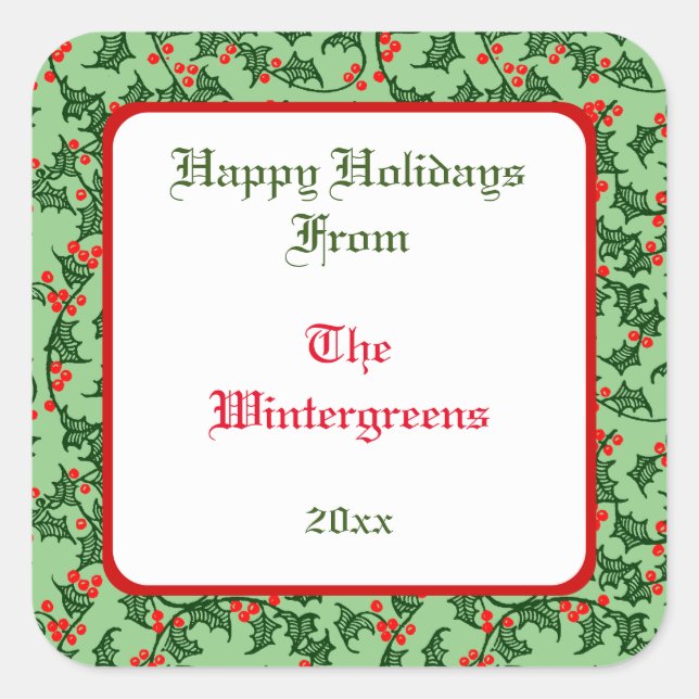 Adesivo Quadrado Green Holly com Red Berries - Presente Editável Ta (Frente)