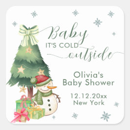 Adesivo Quadrado Green Modern Winter Snowman Baby Shower