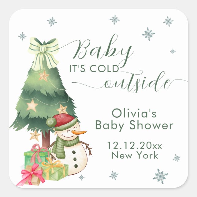 Adesivo Quadrado Green Modern Winter Snowman Baby Shower (Frente)
