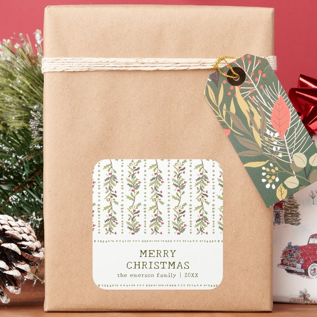 Adesivo Quadrado Green Rustic Botanical Christmas Stickers (Holiday White and Green Rustic Botanical Christmas Stickers by Painted Paperie
)