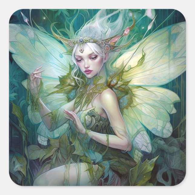Adesivo Quadrado Green Woodland Fairy Fantasy Art (Frente)