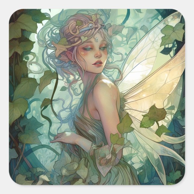 Adesivo Quadrado Green Woodland Fairy Fantasy Art (Frente)