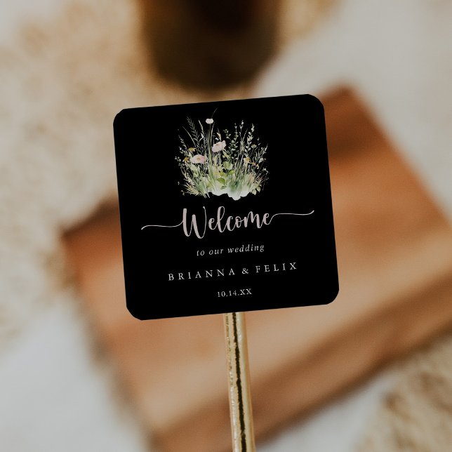 Adesivo Quadrado Greenery Boho Wildflower Black Weding Welcome (Criador carregado)