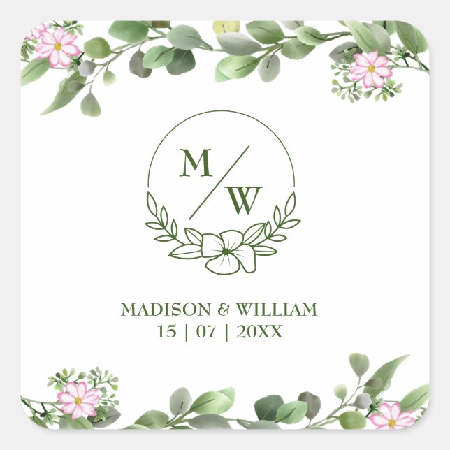 Adesivo Quadrado Greenery Elegant e Belo Casamento Floral (Frente)