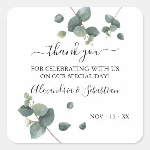 Adesivo Quadrado Greenery Eucalyptus Wedding Obrigado