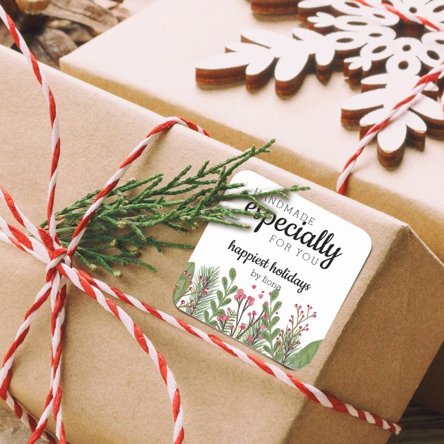 Adesivo Quadrado Greenery Feriado Feita À Mão Especialmente Para Vo (Holiday Greenery Handmade Especially For You Square Sticker)