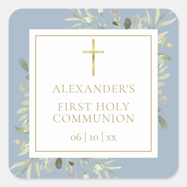 Adesivo Quadrado Greenery Floral Dusty Blue First Holy Communion (Frente)