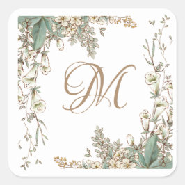 Adesivo Quadrado Greenery Floral Garland Script Monograma Elegante
